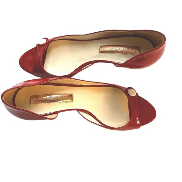 Rupert Sanderson Women Red Patent Leather Peep Toe Kitten Heel Pumps Sz 8 M EUC - Picture 1 of 10